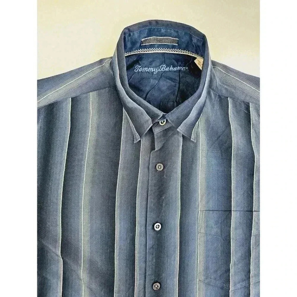 Tommy Bahama Size Large Men Blue Vanilla Trim Blue Stripe Button Down Silk Shirt - Picture 10 of 10